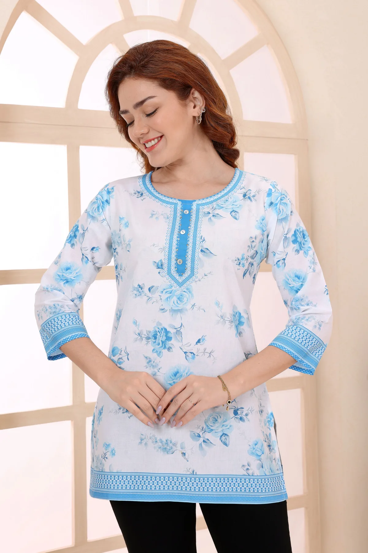 Sky Blue Cotton Short Kurti with Floral Print