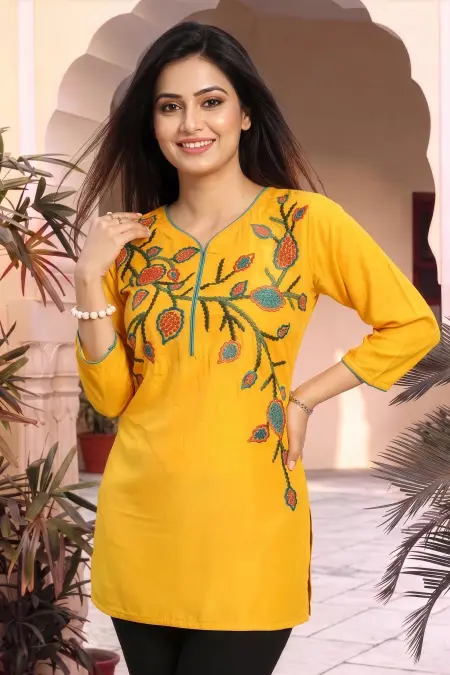 Mustard Yellow Masleen Tunic Top with Embroidered V Neck