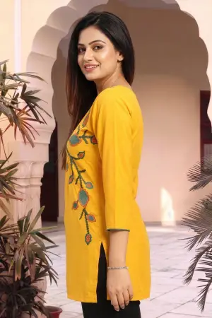 Mustard Yellow Masleen Tunic Top with Embroidered V Neck - photo 2