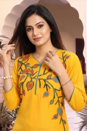 Mustard Yellow Masleen Tunic Top with Embroidered V Neck - photo 3
