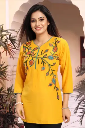 Mustard Yellow Masleen Tunic Top with Embroidered V Neck - photo 6