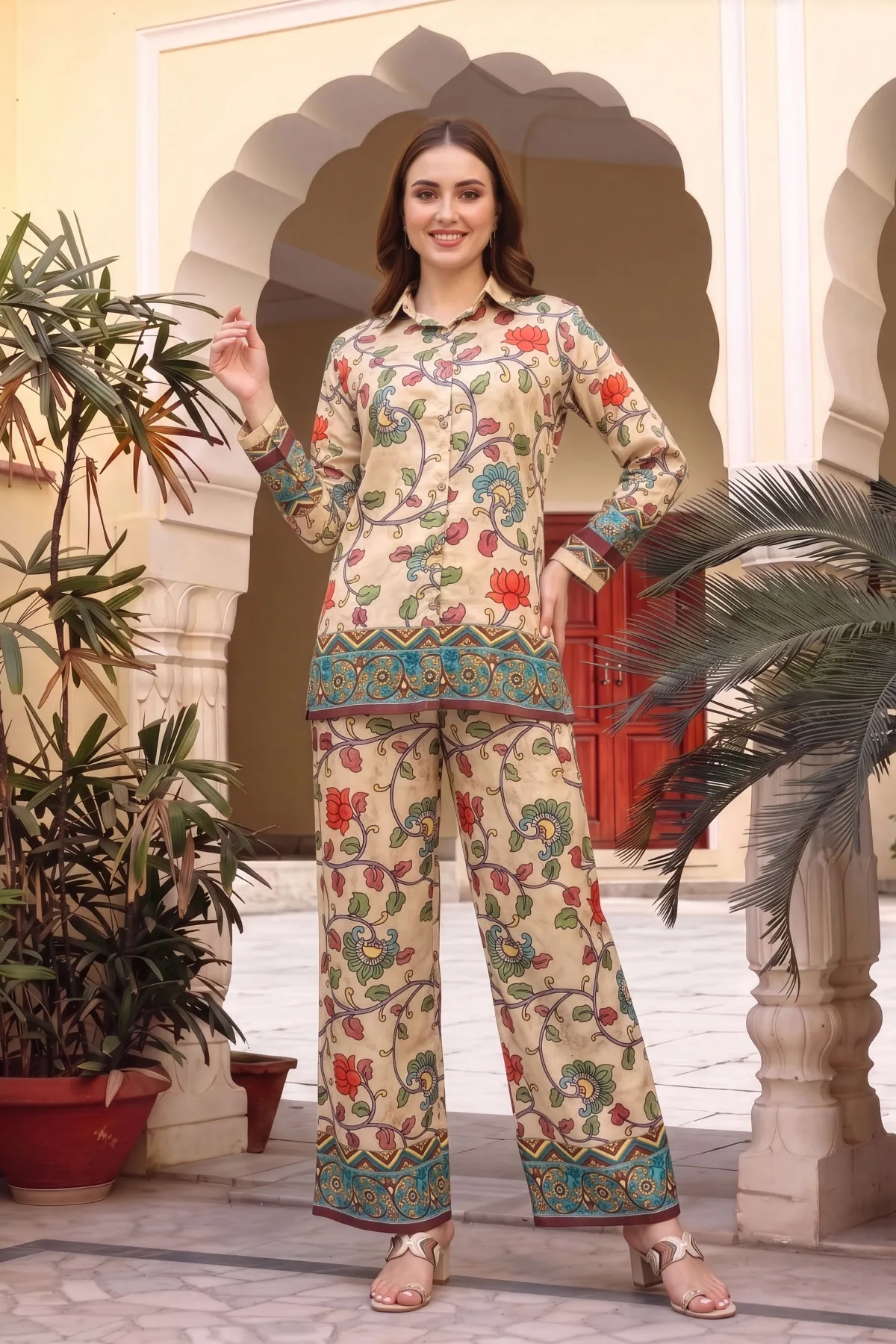 Beige Floral Print Crepe Silk Kurti and Pant Co-ord Set