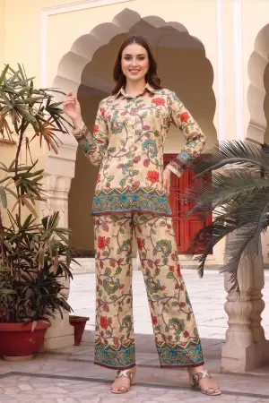 Beige Floral Print Crepe Silk Kurti and Pant Co-ord Set - photo 1
