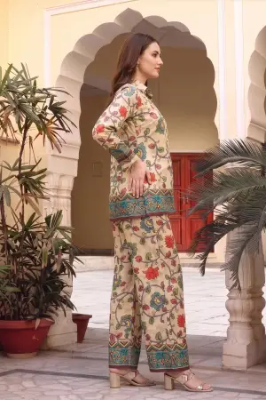 Beige Floral Print Crepe Silk Kurti and Pant Co-ord Set - photo 3