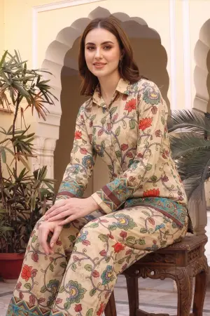 Beige Floral Print Crepe Silk Kurti and Pant Co-ord Set - photo 4