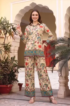 Beige Floral Print Crepe Silk Kurti and Pant Co-ord Set - photo 6