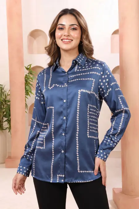 Indigo Blue Shirt Style Top with Bandhani Inspired Print