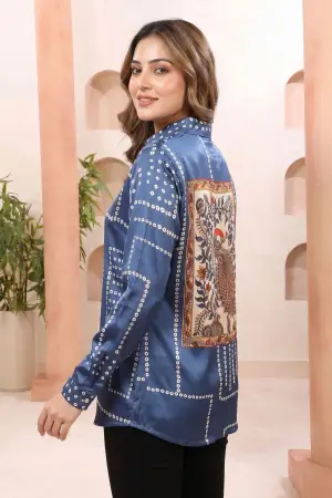 Indigo Blue Shirt Style Top with Bandhani Inspired Print - photo 2