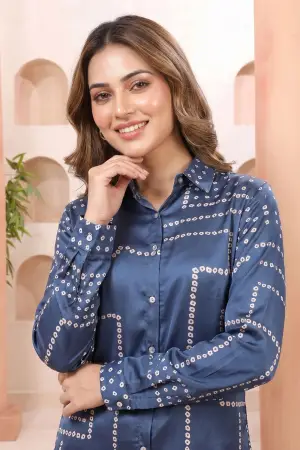 Indigo Blue Shirt Style Top with Bandhani Inspired Print - photo 3