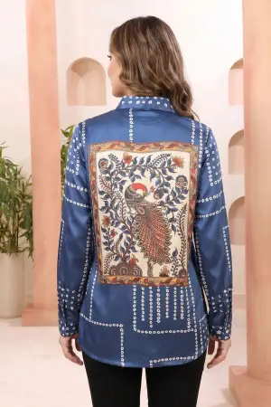 Indigo Blue Shirt Style Top with Bandhani Inspired Print - photo 4