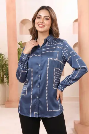 Indigo Blue Shirt Style Top with Bandhani Inspired Print - photo 5