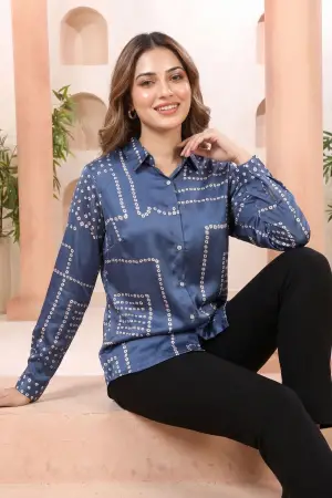 Indigo Blue Shirt Style Top with Bandhani Inspired Print - photo 6