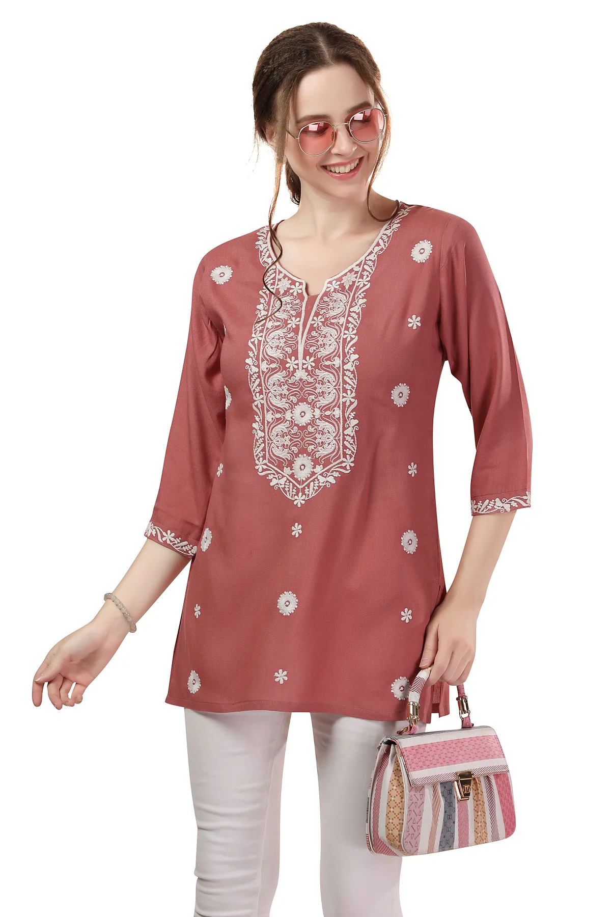 Dusty Tomato Rayon Tunic with Chikankari Embroidery