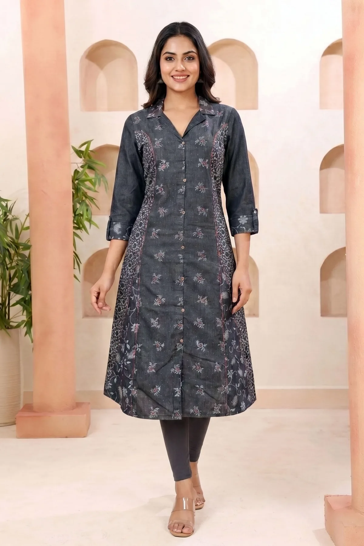 Black Denim A Line Kurti with Floral Print and Thread Work