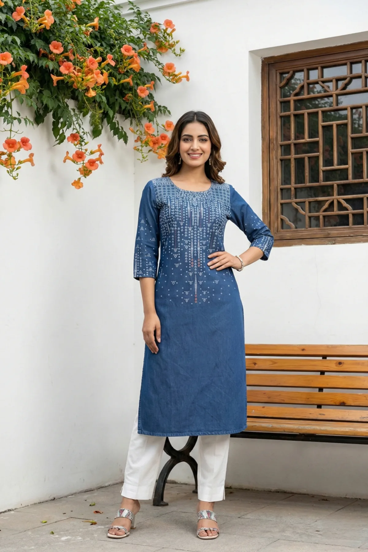 Indigo Blue Denim Long Kurti with Printed Motifs and Thread Work