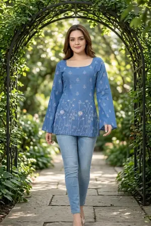 Indigo Blue Denim Short Kurti with Bell Sleeves - photo 1