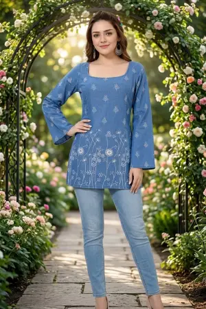 Indigo Blue Denim Short Kurti with Bell Sleeves - photo 2