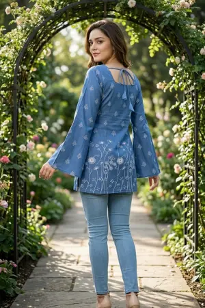 Indigo Blue Denim Short Kurti with Bell Sleeves - photo 4