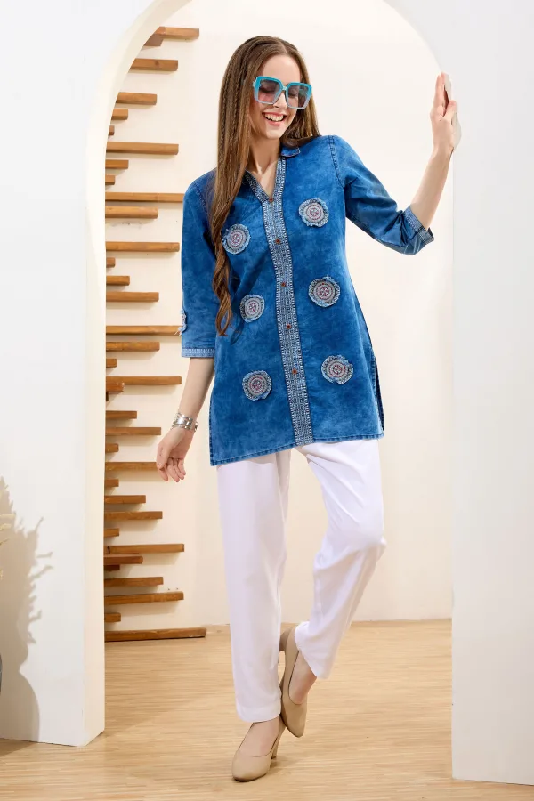 Denim Blue Cloud Washed Short Tunic with Patch Work