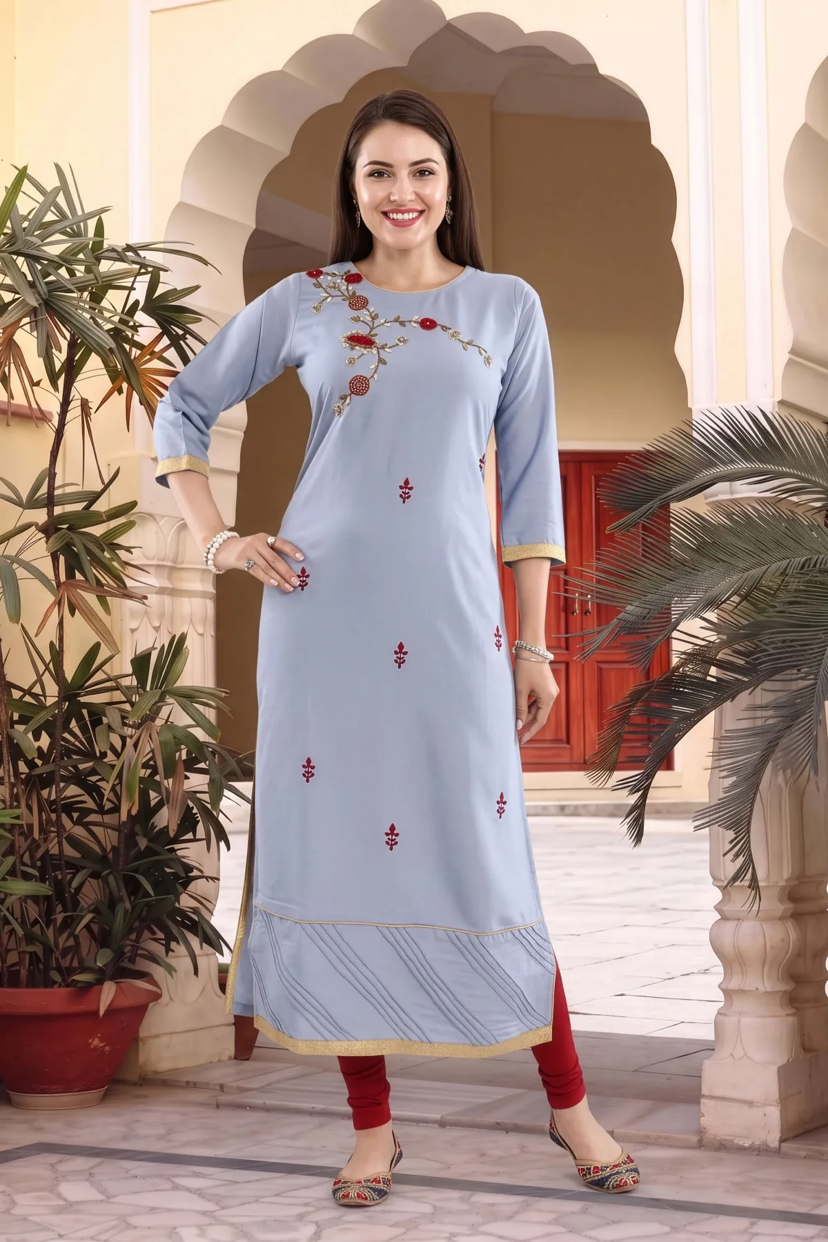 Bluish Grey Rayon Tunic with Floral Thread Embroidery