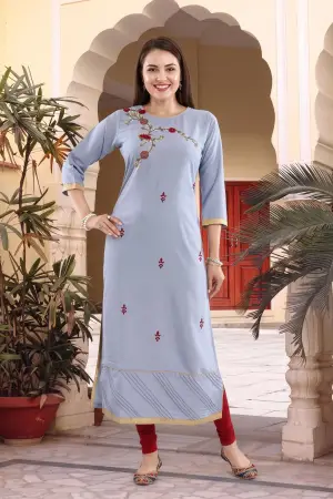 Bluish Grey Rayon Tunic with Floral Thread Embroidery - photo 1