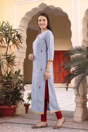 Bluish Grey Rayon Tunic with Floral Thread Embroidery - photo 2