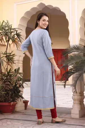 Bluish Grey Rayon Tunic with Floral Thread Embroidery - photo 4