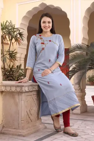 Bluish Grey Rayon Tunic with Floral Thread Embroidery - photo 5