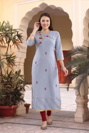 Bluish Grey Rayon Tunic with Floral Thread Embroidery - photo 6