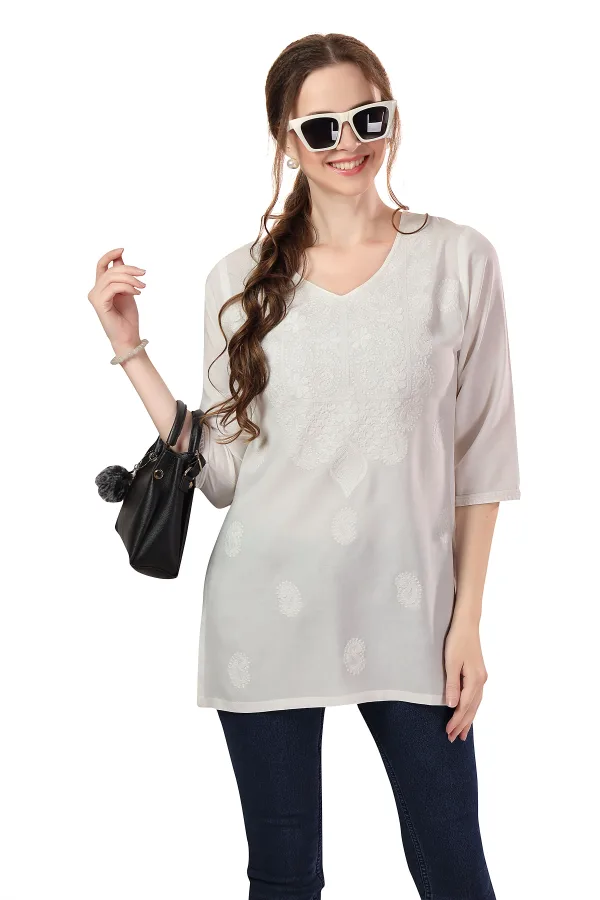 Cream Rayon Chikankari Kurti Tunic