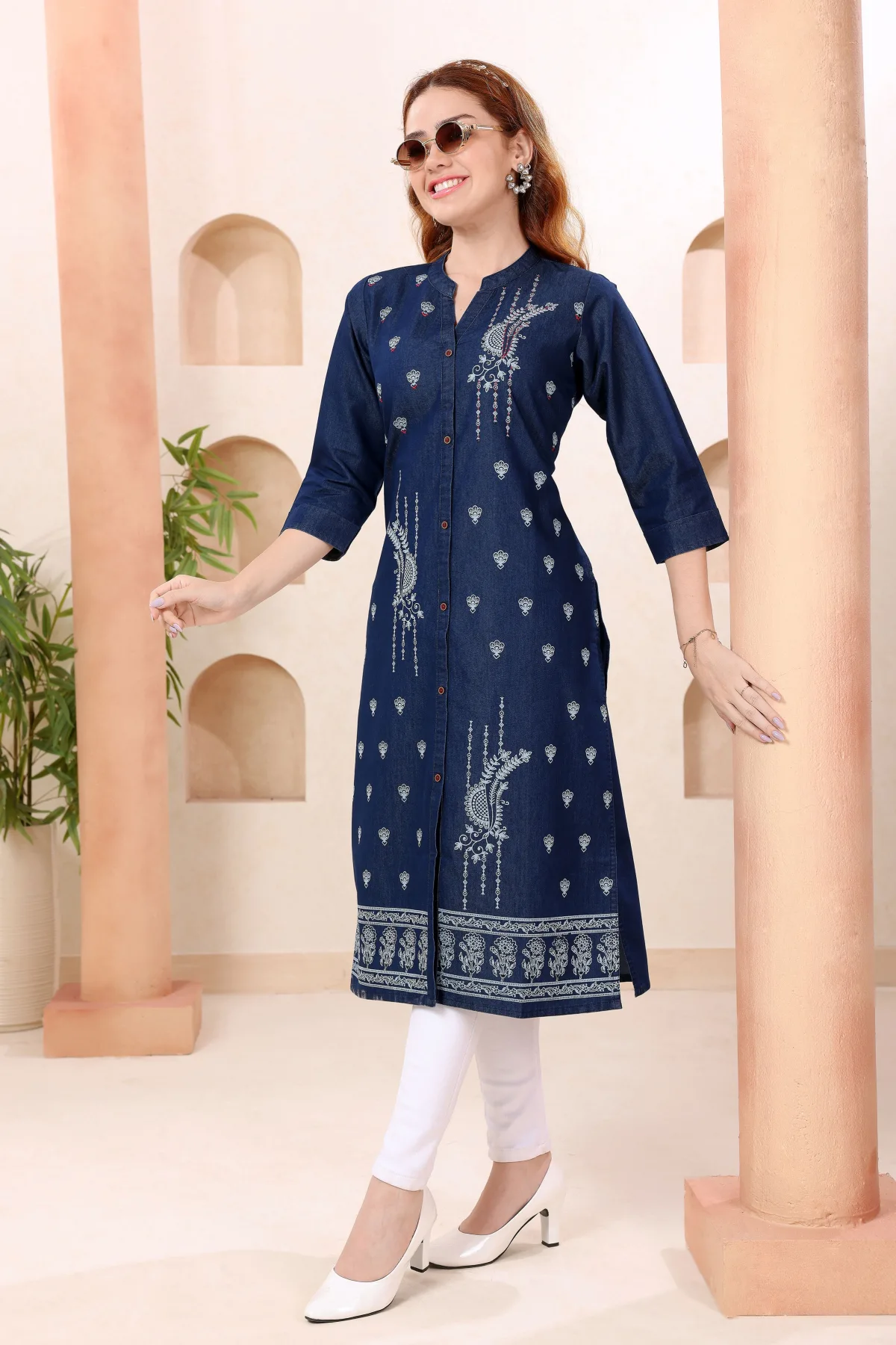 Denim Blue Kurti with Band Collar and Hand Embroidery