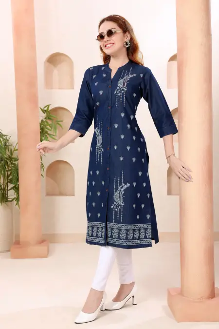 Denim Blue Kurti with Band Collar and Hand Embroidery