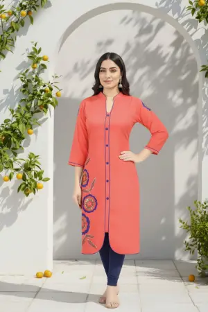 Tomato Red Rayon Tunic with Blue Threadwork - photo 1