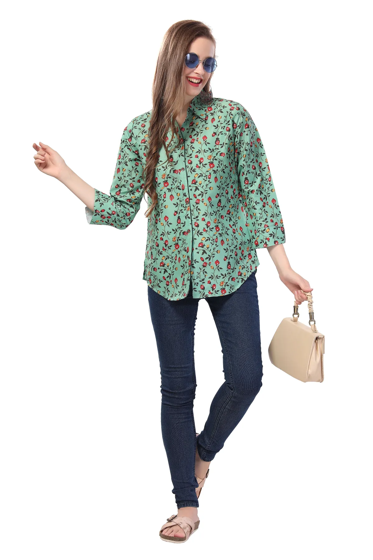 Pista Green Short Tunic in Poly Crepe