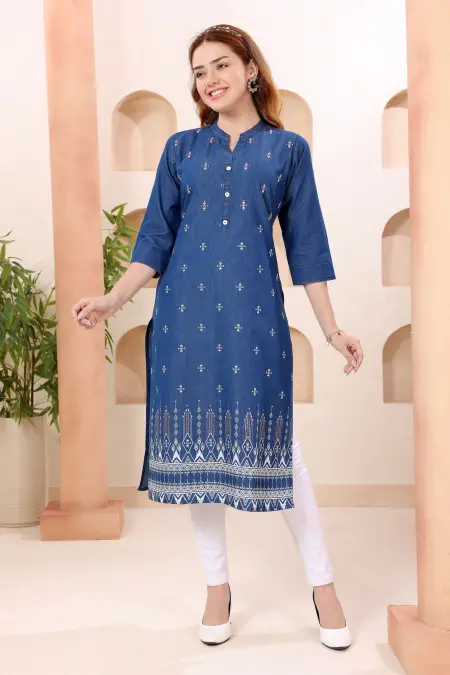 Denim Blue Ban Collar Kurti with Hand Embroidery