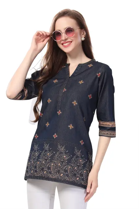 Denim Blue Short Tunic with Print and Thread Work