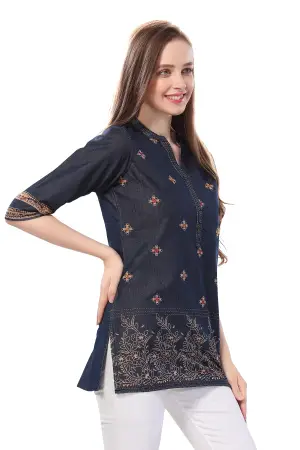 Denim Blue Short Tunic with Print and Thread Work - photo 2