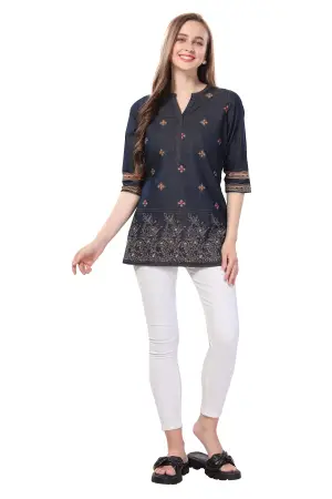Denim Blue Short Tunic with Print and Thread Work - photo 3