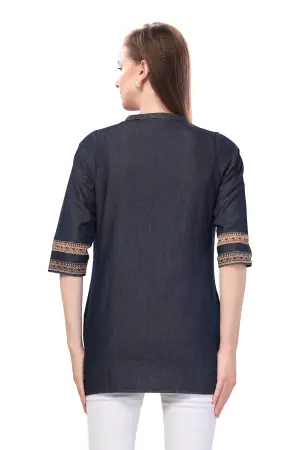 Denim Blue Short Tunic with Print and Thread Work - photo 4