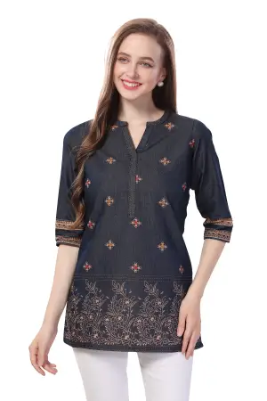 Denim Blue Short Tunic with Print and Thread Work - photo 5