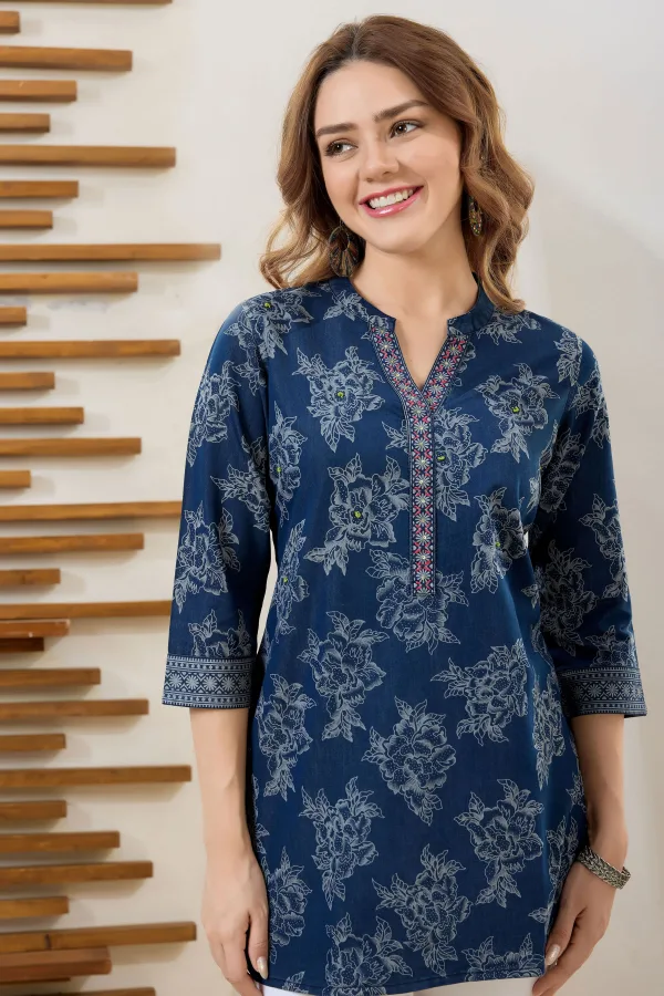 Denim Blue Short Tunic with Wash Print and Thread Work