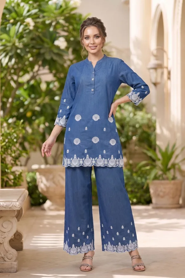 Indigo Denim Co Ord Set with Floral Thread Embroidery