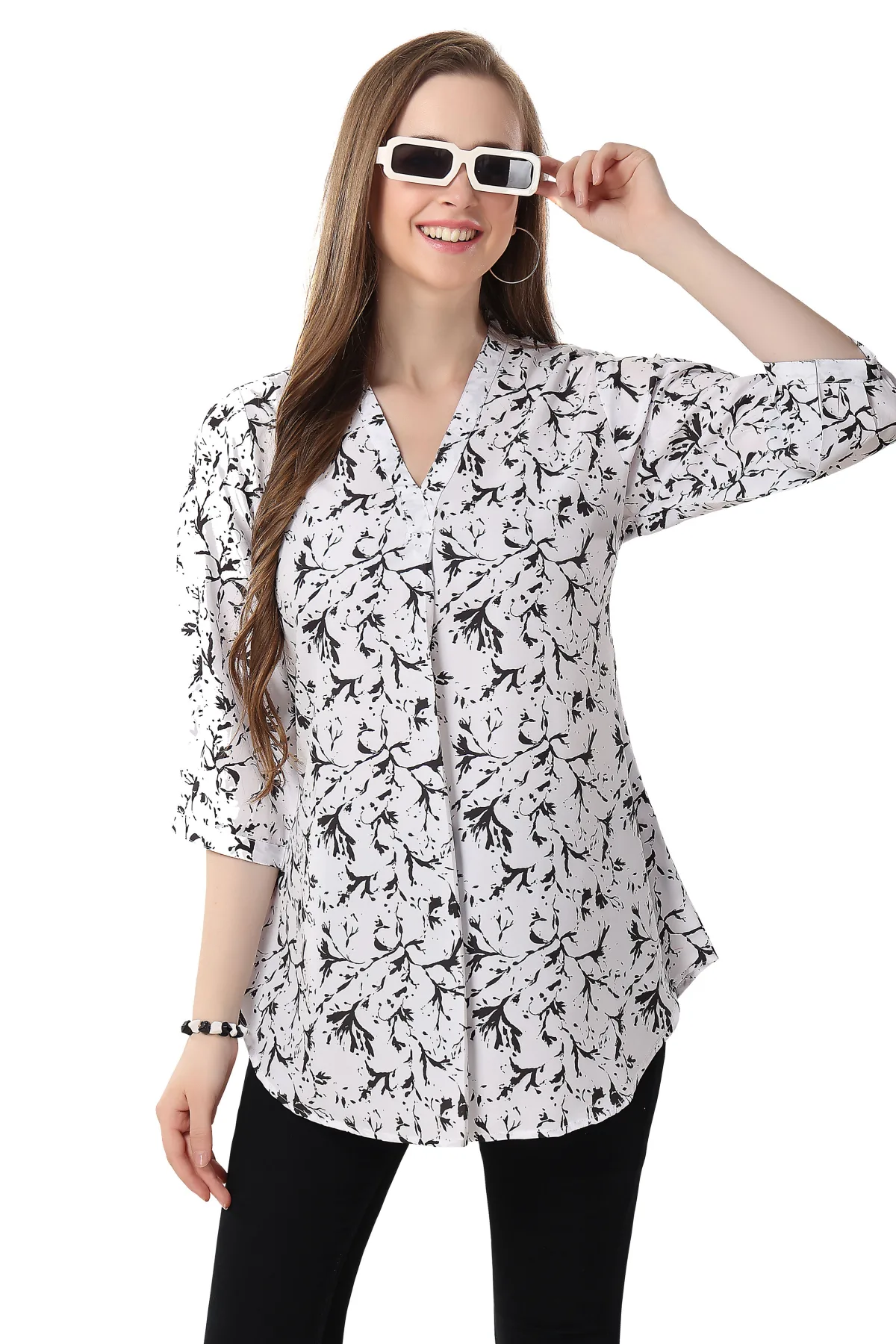 White Faux Crepe Short Tunic with Black and White Print