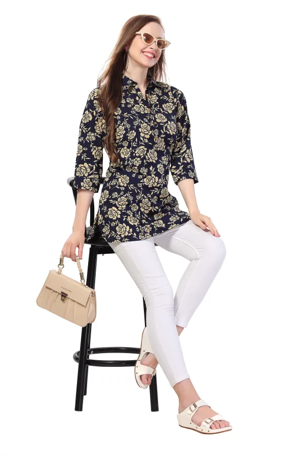 Navy Blue Printed Short Tunic Top for Women