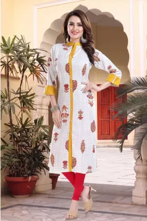 Vibrance Checkered White and Yellow Rayon Cotton Long Kurti - photo 1