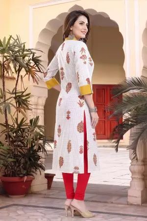 Vibrance Checkered White and Yellow Rayon Cotton Long Kurti - photo 2