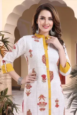 Vibrance Checkered White and Yellow Rayon Cotton Long Kurti - photo 3