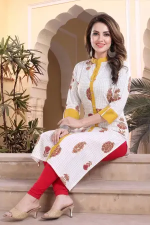 Vibrance Checkered White and Yellow Rayon Cotton Long Kurti - photo 5