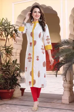 Vibrance Checkered White and Yellow Rayon Cotton Long Kurti - photo 6