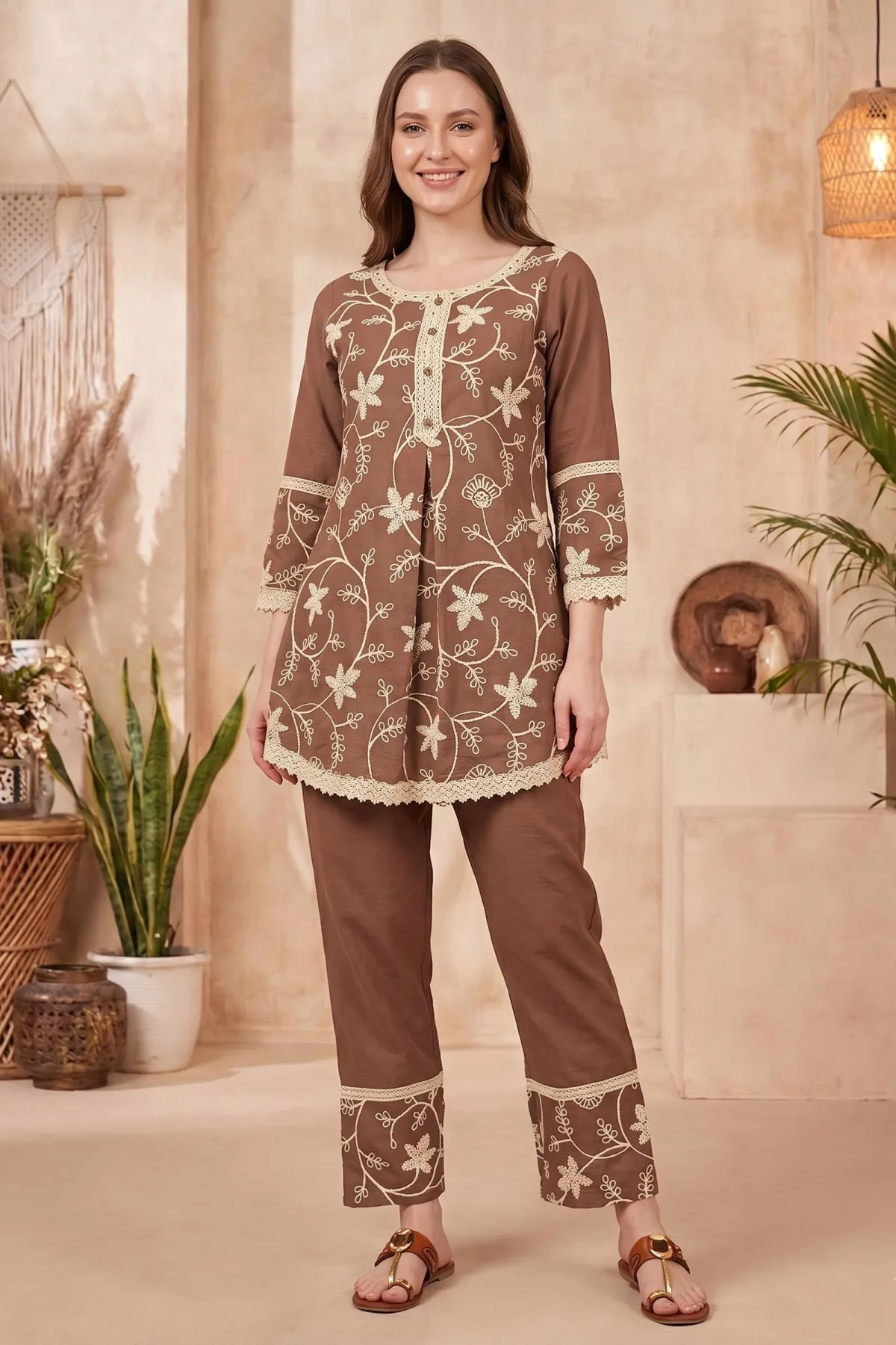 Brown Co-ord Set with Floral Thread Embroidery and Lace Trim